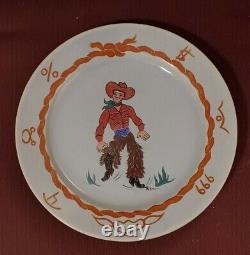 Set Pottery Hand Painted Plates Western Cowboy Woolies Chaps Branding Iron Mark