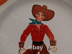 Set Pottery Hand Painted Plates Western Cowboy Woolies Chaps Branding Iron Mark