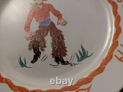 Set Pottery Hand Painted Plates Western Cowboy Woolies Chaps Branding Iron Mark