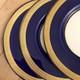Set of 3 Royal Doulton Cobalt Dinner Plates With Gold Embossed Trim! Excellent