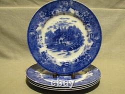 Set of 4 Country Scenes England Flow Blue Plates Scenic Village Church 9 c 1891