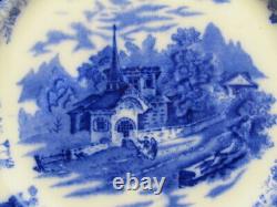 Set of 4 Country Scenes England Flow Blue Plates Scenic Village Church 9 c 1891