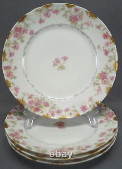 Set of 4 GDA Limoges France Pink Wild Roses Blue Ribbon & Gold 9 3/4 Inch Plates