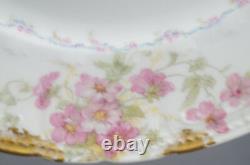 Set of 4 GDA Limoges France Pink Wild Roses Blue Ribbon & Gold 9 3/4 Inch Plates