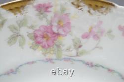 Set of 4 GDA Limoges France Pink Wild Roses Blue Ribbon & Gold 9 3/4 Inch Plates
