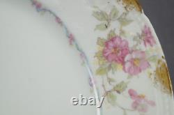 Set of 4 GDA Limoges France Pink Wild Roses Blue Ribbon & Gold 9 3/4 Inch Plates