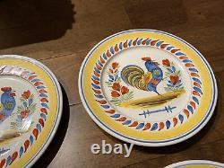 Set of 4 Henriot Quimper France Dinner Plates Blue Rooster Coq 10-1/4 Diameter