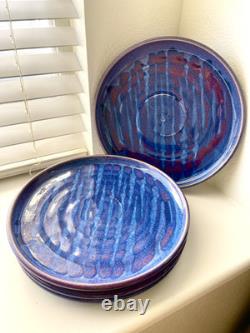 Set of 4 Signed Handmade Stoneware Studio Art Pottery Drip Glaze Plates 10.75
