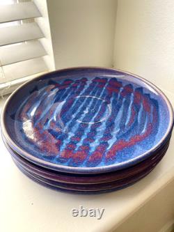 Set of 4 Signed Handmade Stoneware Studio Art Pottery Drip Glaze Plates 10.75