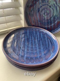 Set of 4 Signed Handmade Stoneware Studio Art Pottery Drip Glaze Plates 10.75