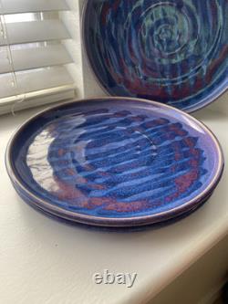 Set of 4 Signed Handmade Stoneware Studio Art Pottery Drip Glaze Plates 10.75