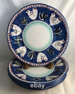 Set of 4 Vietri Italy Pottery CAMPAGNA CHICKEN Blue, Black & Red Dinner Plates