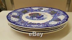 Set of 4 Vintage Nikko Stone China Blue Multicolor Turkey Dinner Plates 10 1/4