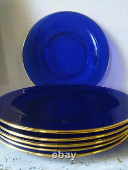 Set of 6 Cobalt Blue Glass Dinner Plates With GOLD TRIM Large 12