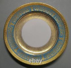 Set of 6 Shelley Blue and White Dinner Plate with Turquoise & Gold Encrusted Rim