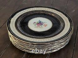 Set of 8 Aynsley Cobalt Blue Gold Floral Dinner Plates
