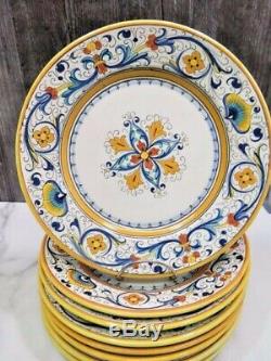 Set of 8 Vintage Grazia Deruta Italy Dinner Plates 9 5/8 Blue Yellow Majolica