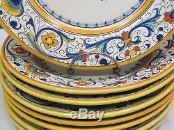 Set of 8 Vintage Grazia Deruta Italy Dinner Plates 9 5/8 Blue Yellow Majolica