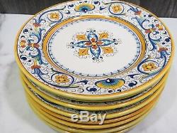 Set of 8 Vintage Grazia Deruta Italy Dinner Plates 9 5/8 Blue Yellow Majolica