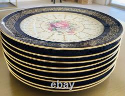 Set of 9 Rosenthal Ivory Bavaria Gold Gilt Pink Floral Navy Blue 10 1/2 Plates