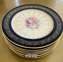 Set of 9 Rosenthal Ivory Bavaria Gold Gilt Pink Floral Navy Blue 10 1/2 Plates
