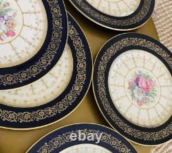 Set of 9 Rosenthal Ivory Bavaria Gold Gilt Pink Floral Navy Blue 10 1/2 Plates