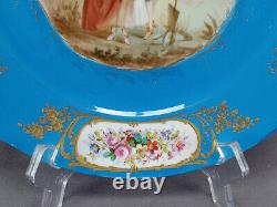 Sevres Hand Painted Watteau Scene Lady With Roses Celeste Blue Floral Gold Plate