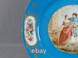 Sevres Hand Painted Watteau Scene Lady With Roses Celeste Blue Floral Gold Plate