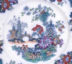 Sobraon Flow Blue Dinner Plate Polychrome Pagoda Flowers Earthenware Antique