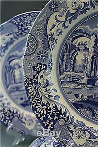 Spode Blue Italian Set of 10 Scalloped Dinner Plates Vintage English Porcelain