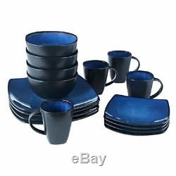 Square 16 Piece Dinnerware Set Kitchen Dishes Bowls Dinner Plates Blue Stoneware