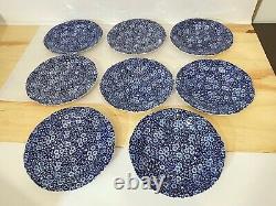 Staffordshire CALICO BLUE Ironstone BURLEIGH (8) Dinner + (1) Serving Plate