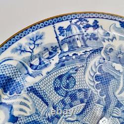 Staffordshire pearlware plate, blue and white dragons and snakes, ca 1820