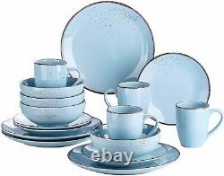 Stoneware Vintage Look Dinner Set L. Blue 16pc Crockery Dining Plates Bowls Mugs
