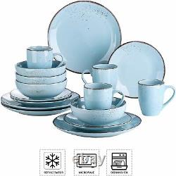 Stoneware Vintage Look Dinner Set L. Blue 16pc Crockery Dining Plates Bowls Mugs