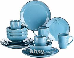 Stoneware Vintage Look Dinner Set Sea Blue 16pc Crockery Plates Bowls Mugs Set