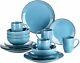 Stoneware Vintage Look Dinner Set Sea Blue 16pc Crockery Plates Bowls Mugs Set
