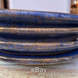 Studio Art POTTERY Dinner 8 Plates Set of 4 Signed JWC, Hand Thrown Blue Grey