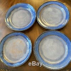 Studio Art POTTERY Dinner 8 Plates Set of 4 Signed JWC, Hand Thrown Blue Grey