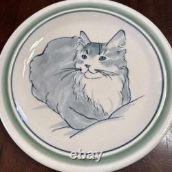 Studio Art Pottery Cat Plate Dish Artist Signed Ward Blue Stoneware Set of 4