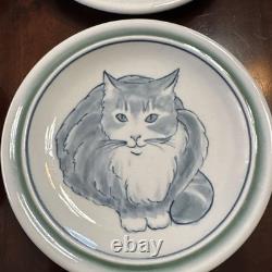 Studio Art Pottery Cat Plate Dish Artist Signed Ward Blue Stoneware Set of 4