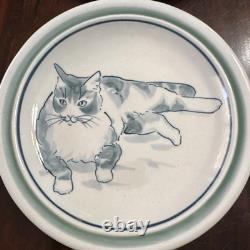 Studio Art Pottery Cat Plate Dish Artist Signed Ward Blue Stoneware Set of 4
