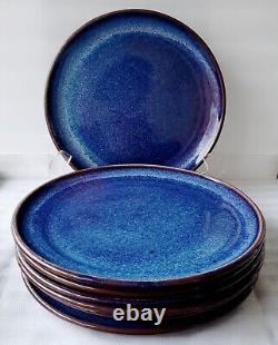 Stunning Set of 7 Lapis Blue Studio Art Pottery Stoneware Dinner Plates Signed