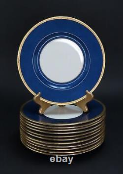 Superb Set 12 1927 Mintons Denim Blue Gold Dinner 10.5 Plates