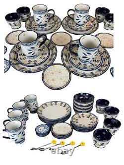 Temptation By Tara Old World 32 Pc Place Set Basketweave Blue Hand Painted