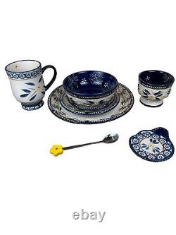 Temptation By Tara Old World 32 Pc Place Set Basketweave Blue Hand Painted
