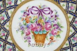 Thieme Dresden Pink Rose Floral Basket Purple Bow Cobalt & Raised Gold Plate H