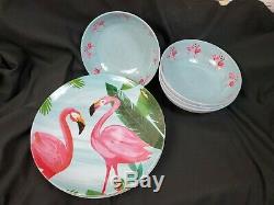 Tommy Bahama Melamine Dinner Plates Bowl Set 12 Pink Flamingo Palms Tropical NEW