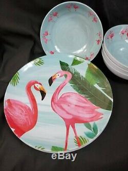 Tommy Bahama Melamine Dinner Plates Bowl Set 12 Pink Flamingo Palms Tropical NEW