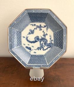 VTG Tiffany & Co Blue White Octagon Large Dinner Plate Dragon Asian Japan Style